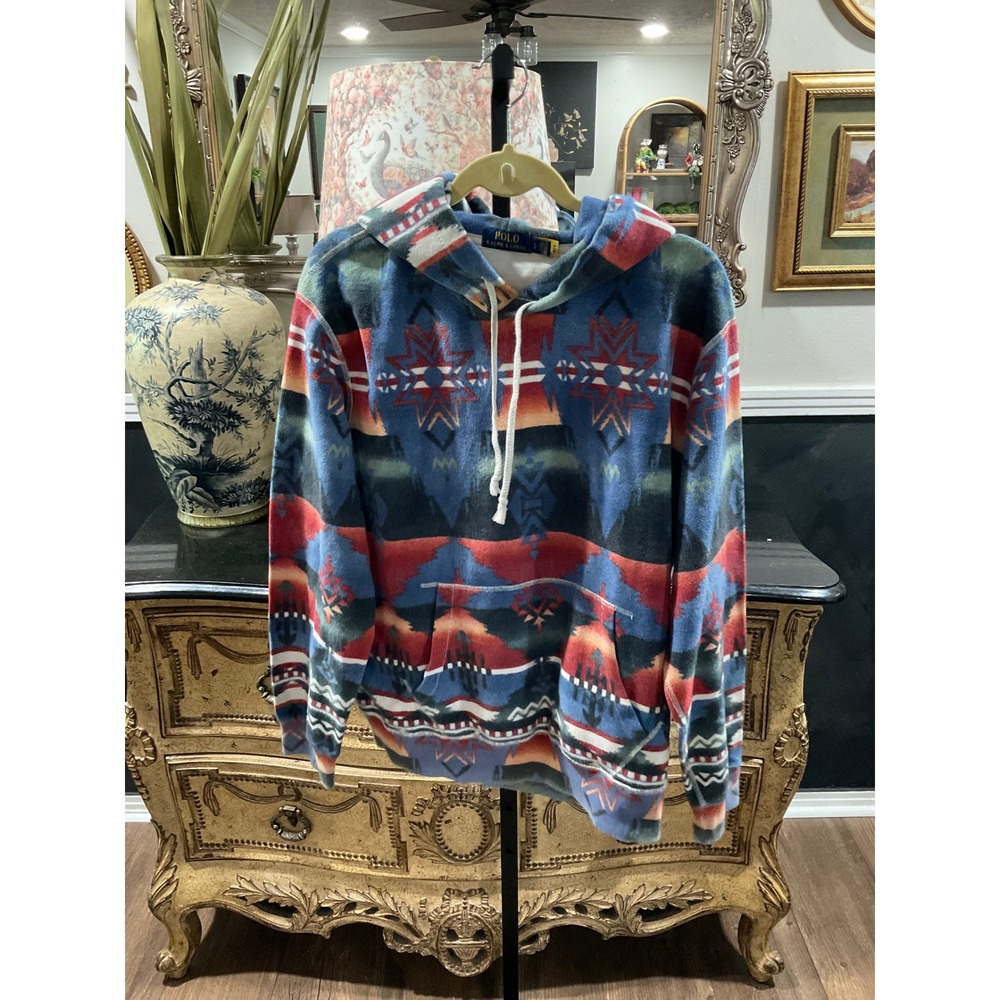Polo Ralph Lauren Southwestern Fleece Hoodie Blue Red Geometric Print Mens L